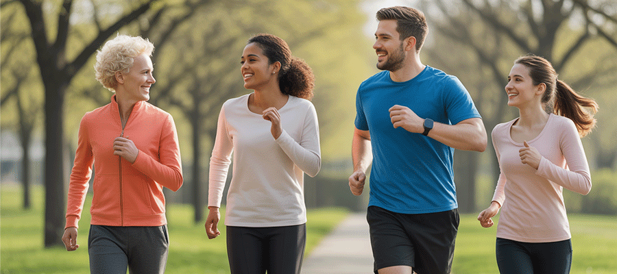 Four adults brisk walking in a park.